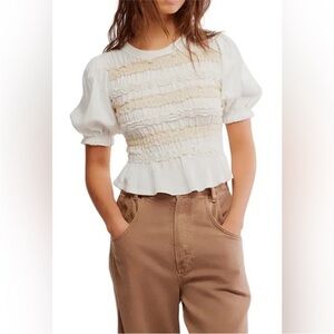 FP Movement by Free People White and Cream Smocked Blouse
